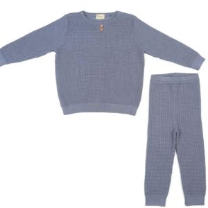 Waffle Organik Pamuk Alt-Üst Çocuk Takım Mavi