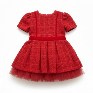 Kırmızı Buklet Dokulu Tüllü Kız Çocuk Elbisesi